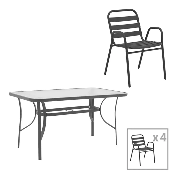 Dining set 5pcs Ensure-Sussie pakoworld metal-glass dark grey 140x80x70cm