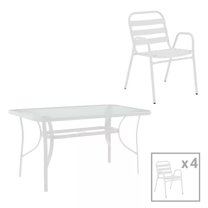 Dining table Sussie-Ensure pakoworld 5pcs metal-glass in white color 120x70x70cm